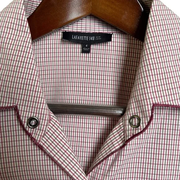Lafayette 148 Size 4 Gingham Snap Collared Shirt Blouse Career Work Office - Picture 6 of 15